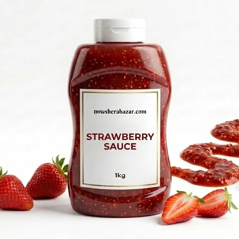 Bright red Strawberry Puree bottle for drinks and desserts by Nowshera Bazar