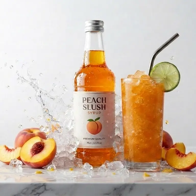 Peach Slush Syrup Pakistan bottle by Nowshera Bazar for cafes and slush machines